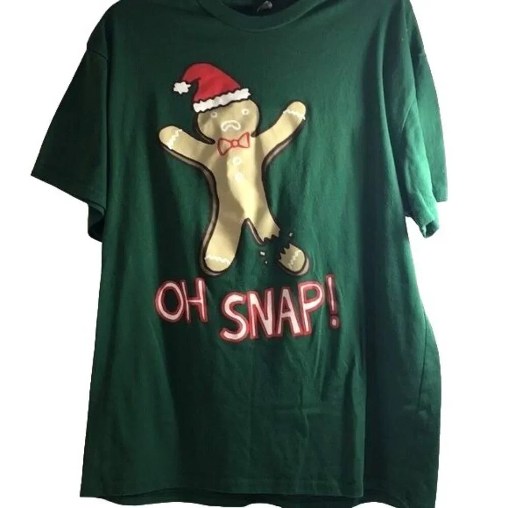 Womens Graphic Tee Christmas Gingerbread Man Oh Snap Green Size XL